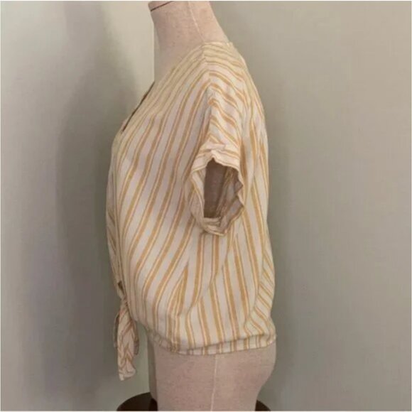 Anthropologie Cloth & Stone Yellow and White Linen Blend Stripe Shirt Size Small - Picture 4 of 7